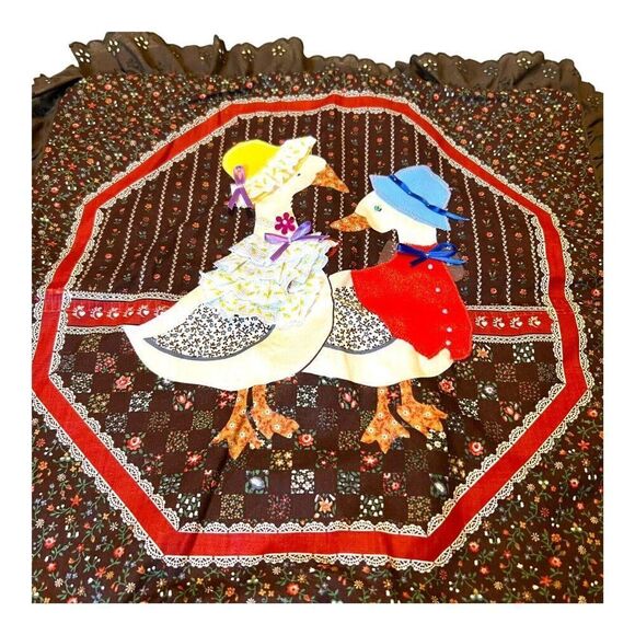 Goose Couple Handmade Quilted Lace Country Cottage core Throw Pillow 17” Vintage - Picture 2 of 5